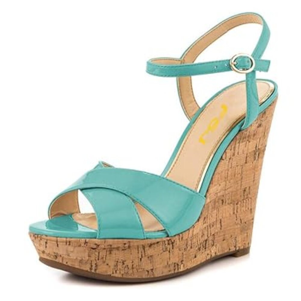 FSJ Women Peep Toe Platform Sandals Cork Wedge High Heel Ankle Strap Summer Part